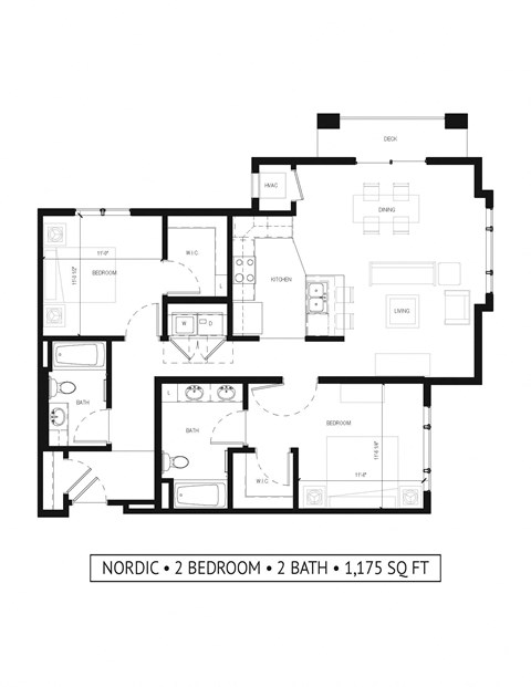 Floor plan for 2 beds, 2 baths, 1175 sqft